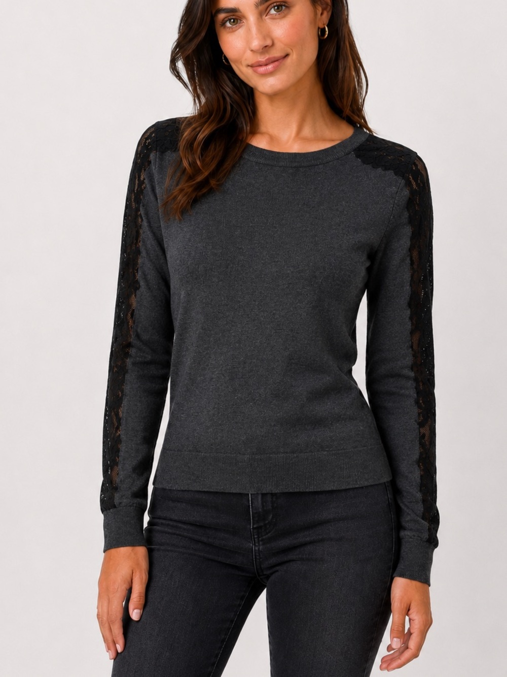 LOFT Charcoal Crewneck Sweater with Black Lace Sleeves
